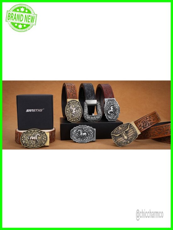 Western Cowboy Ratchet Belt - Leather Embossed Belt with Buckle main image 6